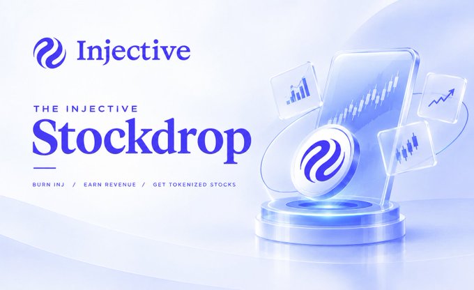 Marketing banner for Injective's 'Stockdrop' campaign, highlighting the ability to burn INJ, earn revenue, and access tokenized stocks, with a 3D render of the Injective coin and trading chart elements.
