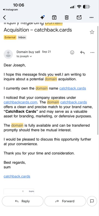 The image shows an Instagram DM screenshot of an email from "Domain buy sell" dated Sep 21, offering the domain "catchback.cards" for sale to Joseph, noting it would be a valuable asset for branding and marketing purposes.