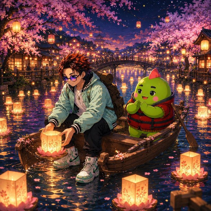 An anime-style illustration of a young man with sunglasses and a green cartoon character in a red life vest sitting in a wooden boat on a river filled with floating lanterns, surrounded by cherry blossoms and a village at night.