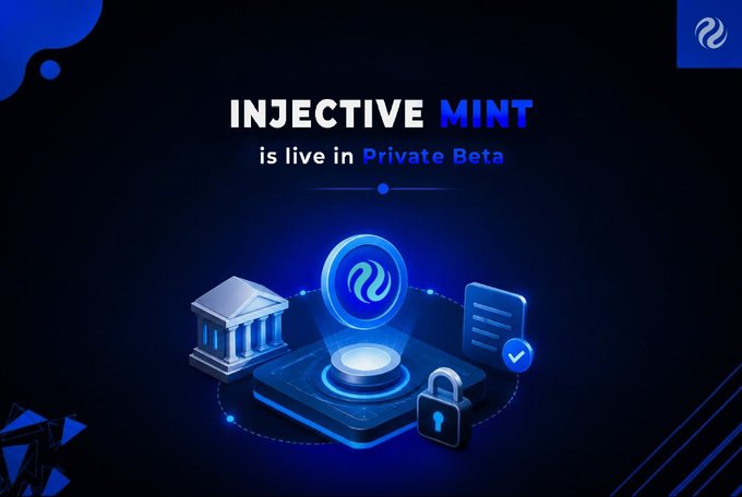 Dark promotional banner with 'INJECTIVE MINT is live in Private Beta' featuring a glowing blue pedestal displaying the Injective logo, flanked by a bank building icon, document icon, and padlock symbol.