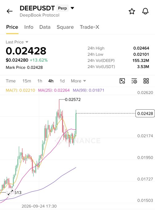 A cryptocurrency price chart on Binance shows the DEEPUSDT perpetual trading pair at 0.02428, up 13.62%, with a 4-hour candlestick view displaying moving averages.