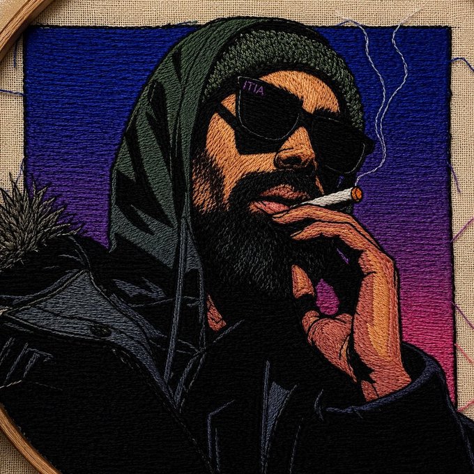 An embroidered portrait of a bearded man in sunglasses and a hood, smoking a cigarette, with the text 'TITIA' on his glasses against a blue and purple gradient background.