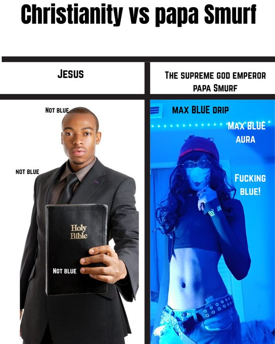 The image is a humorous meme titled "SO7 workflow rails" comparing two characters: a man in a suit holding a Holy Bible (labeled "Update CLAUDE.md" with "Not blue" annotations referring to "Jesus"), and a woman bathed in blue lighting wearing a beanie and mask (labeled "Deploy to VPS #650: Commit 701134c pushed by KHkikani" with "Max blue drip" annotations).

**Connection to the post:** The meme satirizes the dramatic contrast between two developer personas—the clean, "blue" religious coder deploying disciplined code commits versus an edgier, "max blue drip" crypto-trader archetype betting aggressively on tokens like $CORE. The post's confident 10x prediction aligns with the "max blue drip" energy rather than cautious fundamentals.