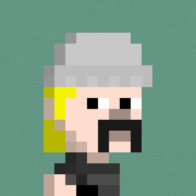 A pixel art portrait of a bearded character wearing a white beanie and black shirt against a green background.