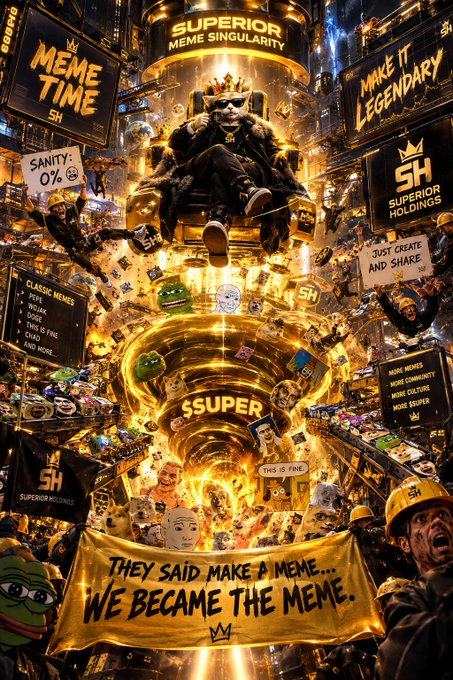 A chaotic golden-themed digital artwork promoting "SUPERIOR MEME SINGULARITY," featuring a crowned bear-like character, various meme figures, and a banner reading "THEY SAID MAKE A MEME... WE BECAME THE MEME."