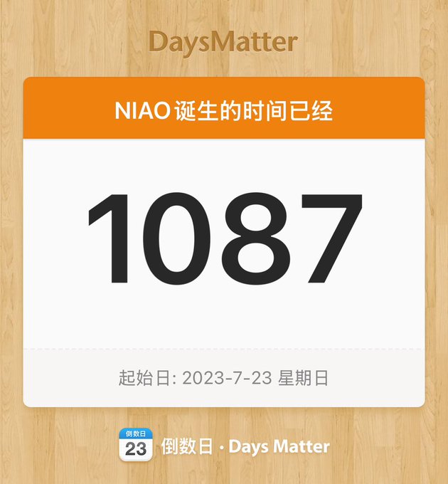 A 'DaysMatter' countdown app screenshot showing 1087 days since 'NIAO 诞生' (NIAO's birth), with a start date of 2023-7-23.