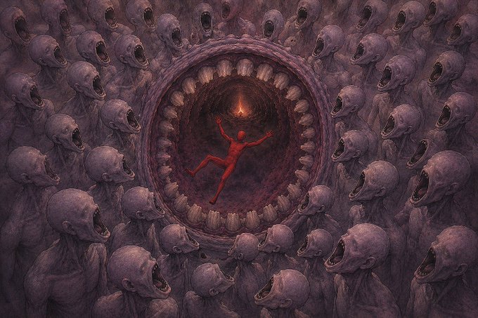 A dark, surreal artwork depicting a red figure falling into a tooth-lined maw surrounded by a sea of screaming purple faces.