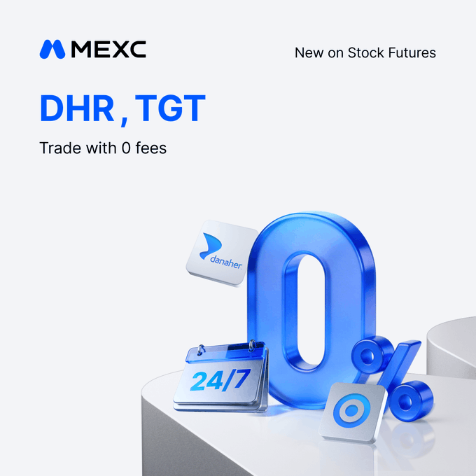 MEXC promotional graphic for 'New on Stock Futures' featuring tickers 'DHR, TGT' with 'Trade with 0 fees' and a 3D illustration of a giant blue 0%.