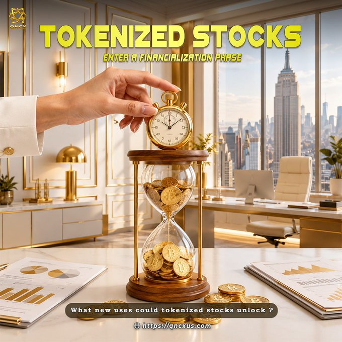 A hand places a pocket watch atop a golden hourglass filled with Bitcoin coins on an executive desk, set against a city skyline backdrop with the headline "TOKENIZED STOCKS — ENTER A FINANCIALIZATION PHASE." Financial reports and the prompt "What new uses could tokenized stocks unlock?" accompany the scene, visually reinforcing the post's theme of expanding utility for tokenized stocks through yield products and digital securities.