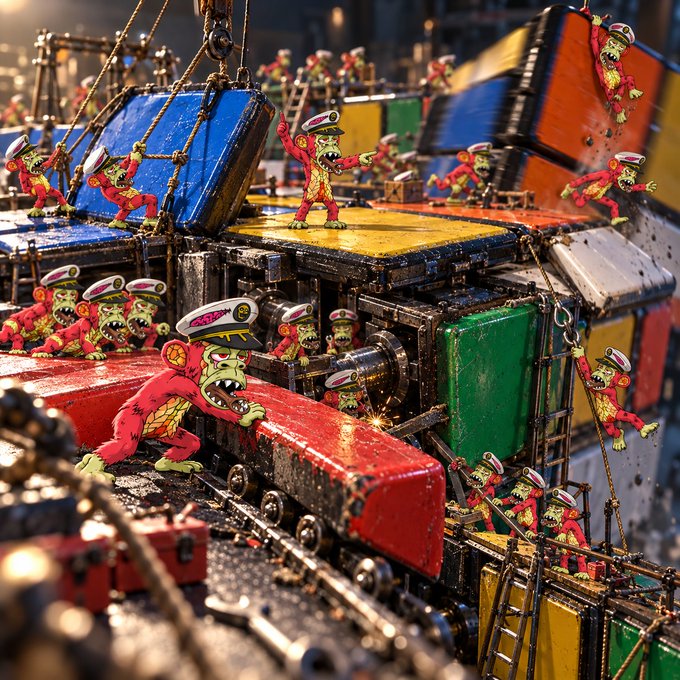 A surreal, detailed miniature scene featuring green zombie-like figures wearing red outfits and military caps operating colorful industrial machinery.