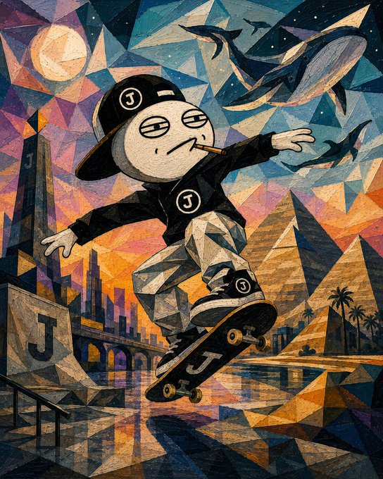 Stylized cubist-style artwork of a character wearing a cap and black jacket with a 'J' logo, riding a skateboard while holding a cigarette, set against a geometric background with sharks and a city skyline.