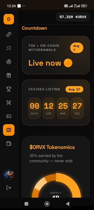 A mobile app interface displays a countdown for the $ORVX token, featuring a live "TGE + ON-CHAIN WITHDRAWALS" event on Aug 7 and a CEX/DEX listing on Aug 17 with 12 hours, 25 minutes, and 27 seconds remaining. The screen also shows $ORVX tokenomics, noting that 35% is earned by the community and was never sold, aligning with the post's anticipation of the upcoming listing.