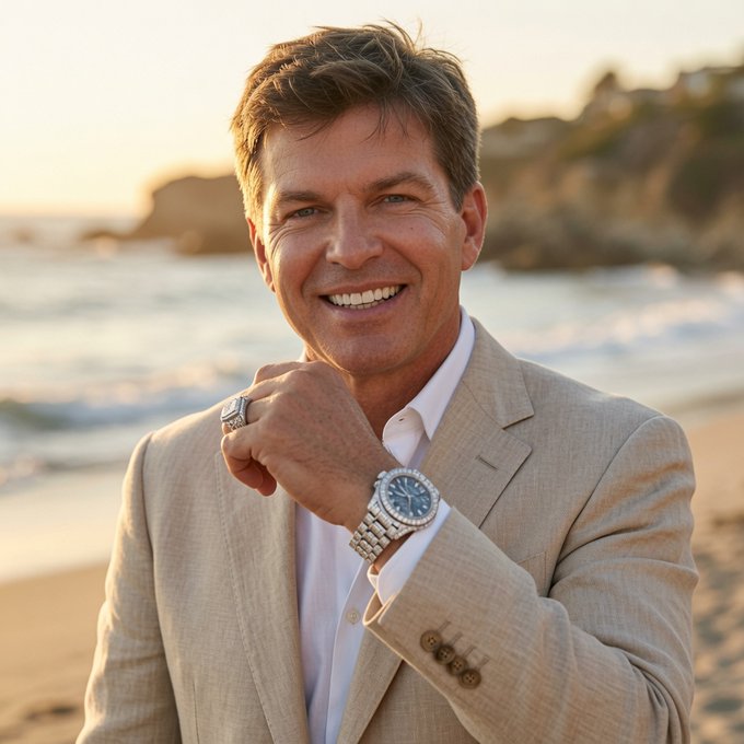 A smiling middle-aged man in a beige suit and white shirt, wearing a luxury silver watch with a blue dial, posing on a beach at sunset.