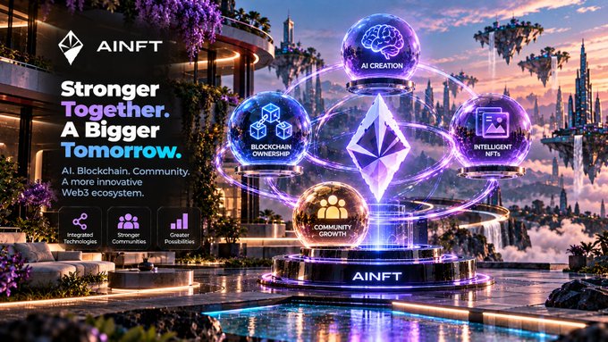 A promotional banner for 'AINFT' with the slogan 'Stronger Together. A Bigger Tomorrow.', highlighting AI Creation, Blockchain Ownership, Intelligent NFTs, and Community Growth.