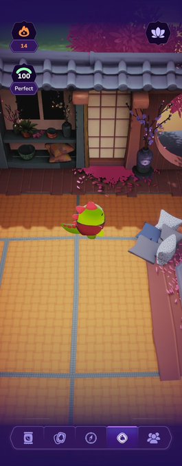 A mobile game screenshot showing a Japanese-style tatami room with a character wearing a frog hat, scattered autumn leaves, and UI elements showing '14' flames, a 'Perfect 100' score, and bottom action buttons.