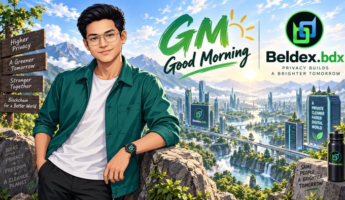 A promotional graphic for "Beldex.bdx" featuring "GM Good Morning" text and a young man in a green jacket, with slogans like "Higher Privacy" and "A Greener Tomorrow."