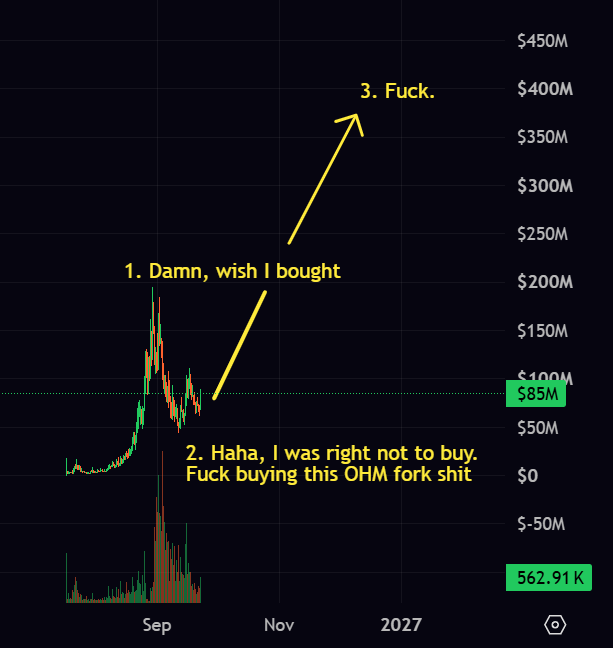 The image is a meme-style crypto chart annotation showing three emotional stages of an OHM fork investment: "1. Damn, wish I bought" (at the initial ~$200M peak in September), "2. Haha, I was right not to buy. Fuck buying this OHM fork shit" (at the $85M trough), and "3. Fuck." (with an arrow pointing to ~$400M projected price).

The chart illustrates a classic case of buyer's remorse and missed opportunity, humorously showing how skepticism toward a controversial OHM fork turned out to be costly as the price continued climbing—a relatable theme that ties into the post's focus on $NET (@NetNetCap), likely suggesting a similar opportunity worth not dismissing.