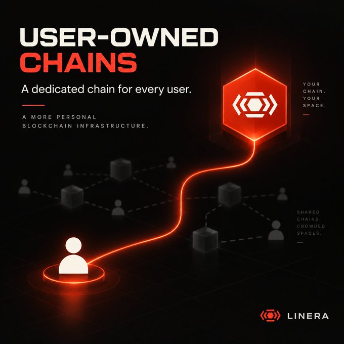 A dark promotional graphic for 'LINERA' advertising 'USER-OWNED CHAINS' described as 'A dedicated chain for every user' and 'A MORE PERSONAL BLOCKCHAIN INFRASTRUCTURE,' featuring glowing red hexagonal graphics.