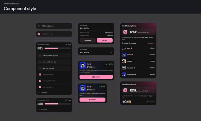A dark-themed UI design layout titled "TYPE COMPONENT Component style" displays various interface elements for balance, redemptions, and trading features.
