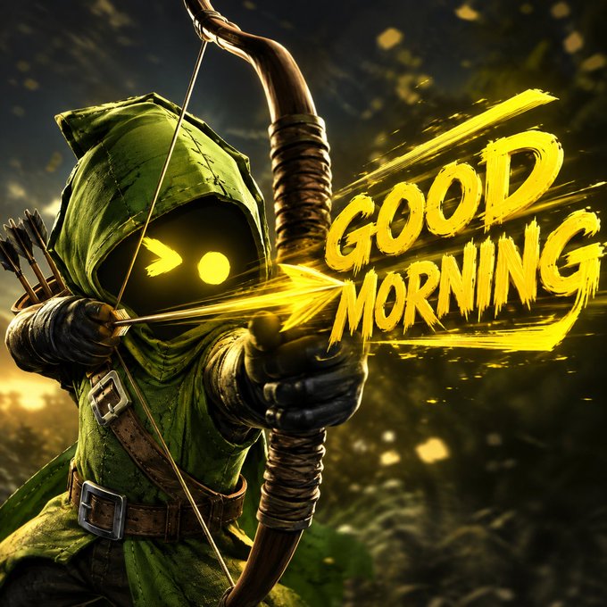 A hooded archer with glowing yellow eyes draws back a bow, releasing a golden arrow that forms the words "GOOD MORNING" in bold yellow text, matching the post's energetic "GM HOOJA" greeting and message about showing up daily with consistency and purpose.