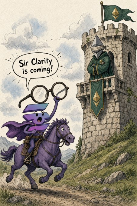 A cartoon knight character with glasses and a purple cape rides a purple horse toward a castle tower, shouting "Sir Clarity, is coming!" in a speech bubble, while an Ethereum-themed knight watches from the tower's balcony—visually symbolizing the post's message that crypto regulatory clarity benefits $ETH in America.