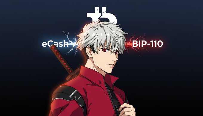An anime-style illustration of a white-haired character with a Bitcoin logo above his head, a sword on his back, and the texts 'eCash' and 'BIP-110' with lightning effects on either side.