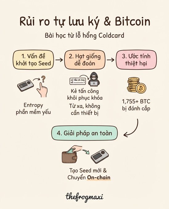 A Vietnamese infographic titled 'Rủi ro tự lưu ký & Bitcoin' (Bitcoin & Self-Custody Risks) detailing the Coldcard wallet security breach, outlining the seed generation problem, the remote brute-force attack, the theft of 1,755+ BTC, and the safe solution of creating new seeds on-chain.