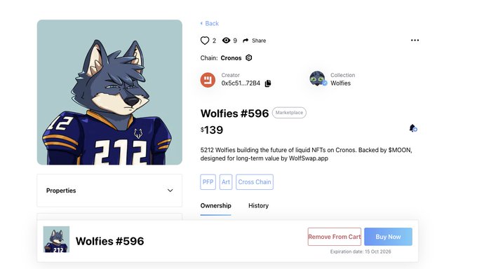 The image shows a Cronos blockchain NFT marketplace listing for "Wolfies #596" priced at $139, featuring a cartoon wolf character wearing a football jersey numbered 711. The listing is part of the Wolfies collection created by address 0x5c51...72B4, with PFP, Art, and Cross Chain tags, and a "Buy Now" button visible—aligning with the post's request to reach out to the owner of this specific Wolfie NFT in the Crofam community.