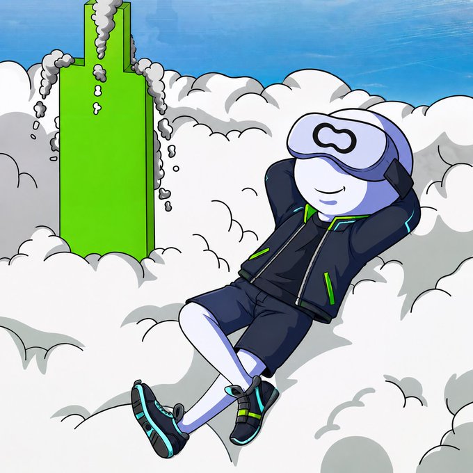 An anime-style illustration of a character wearing a VR headset and black outfit reclining on clouds, with a tall green pillar structure in the background.