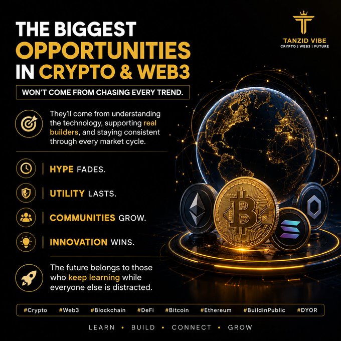 Promotional graphic for 'TANZID VIBE' highlighting the biggest opportunities in Crypto & Web3, with text emphasizing that 'Hype fades, Utility lasts, Communities grow, Innovation wins' alongside Bitcoin, Ethereum, and Solana coin graphics.