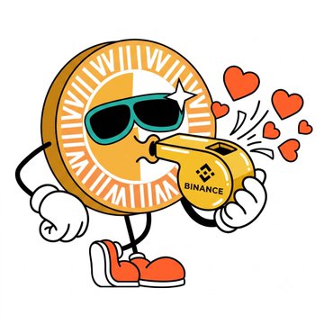 A cheerful cartoon Binance coin wearing sunglasses blows a whistle with hearts floating nearby, visually mocking the platform being criticized in the post for centralized order-book failures, frozen withdrawals, and hidden custody risks that SUN's decentralized liquidity solution aims to address.