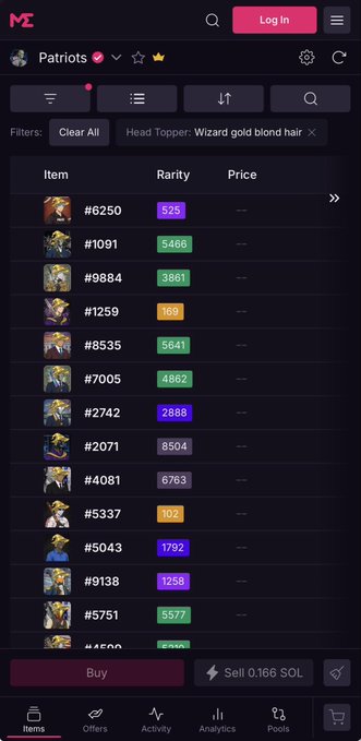 A mobile screen displays the Magic Eden NFT marketplace showing a list of "Patriots" items with varying rarities and prices in SOL, filtered by "Head Topper: Wizard gold blond hair".