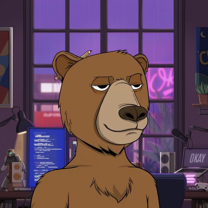 An animated brown bear character with a bored expression sits in a dimly lit room with purple window lighting, surrounded by tech equipment and a monitor displaying code.