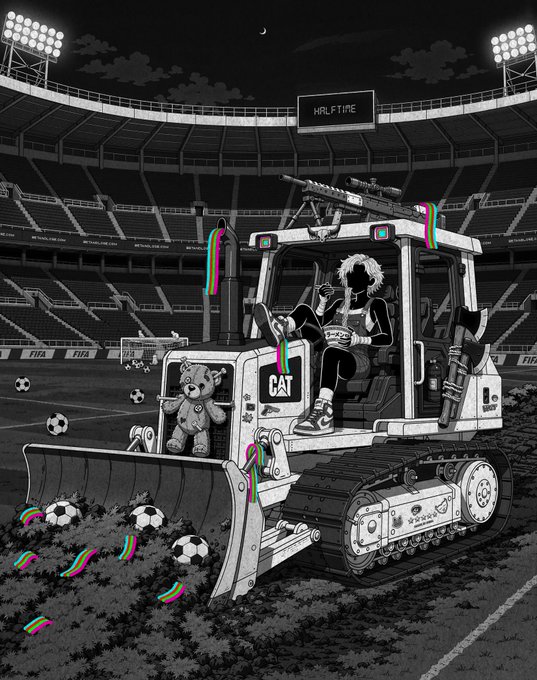 A black-and-white illustration showing a character with wild hair operating a CAT bulldozer equipped with a teddy bear inside an empty stadium during halftime, with soccer balls scattered around.