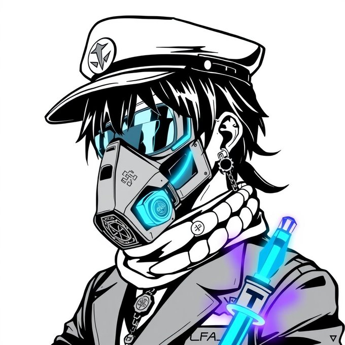 An anime-style illustration depicts a character wearing a white military-style cap with a star, a high-tech respirator mask with blue glowing accents, and a scarf, holding a glowing blue syringe, with "LFA" text visible at the bottom.