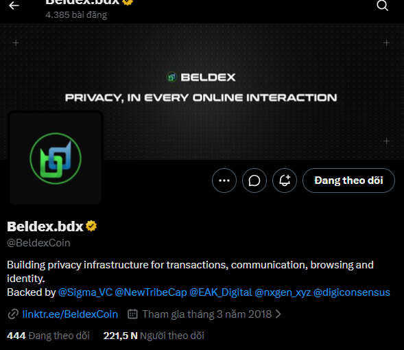 A Twitter/X profile page for Beldex.bdx (@BeldexCoin) showing the privacy-focused crypto project's banner reading "PRIVACY, IN EVERY ONLINE INTERACTION," along with its bio describing the building of privacy infrastructure for transactions, communication, browsing, and identity, and 221.5K followers. The image aligns with the post's emphasis on privacy being a foundational element of Web3, visually reinforcing Beldex's focus on privacy infrastructure.