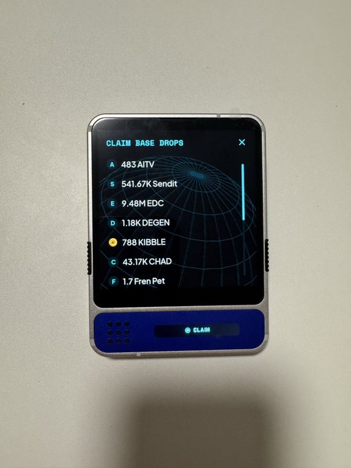 A smartphone displaying a 'CLAIM BASE DROPS' screen showing token balances including 483 AiTV, 541.67K SendIt, 9.48M EDC, 1.18K DEGEN, 788 KIBBLE, 43.17K CHAD, and 1.7 Fren Pet with a CLAIM button at the bottom.