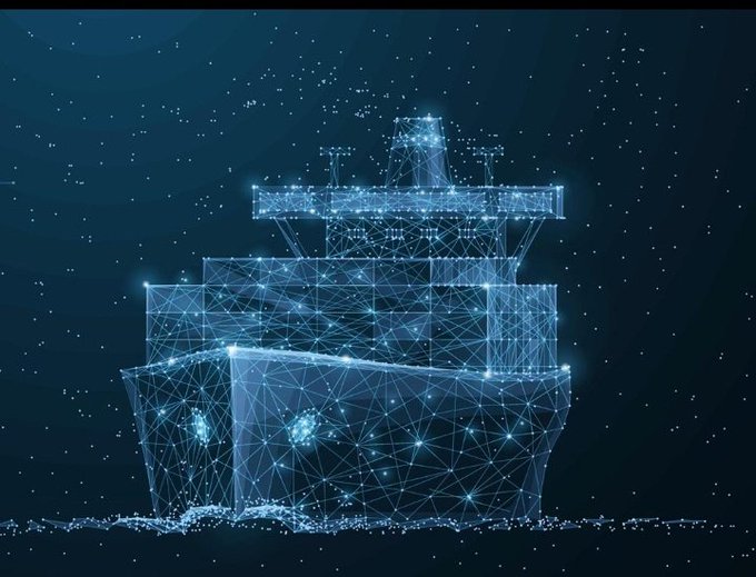 A digital illustration of a cargo ship made of glowing blue wireframe lines and dots against a dark blue starry background.