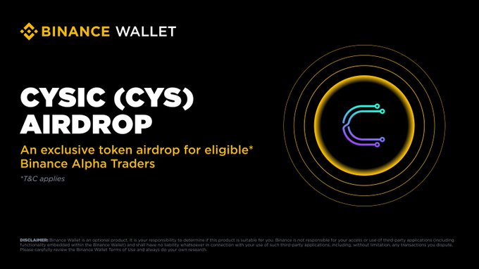 The image announces a "CYSIC (CYS) AIRDROP" as an exclusive token airdrop for eligible Binance Alpha Traders, featuring Binance Wallet branding alongside a glowing circular design with a stylized "C" logo. It promotes the Cysic token giveaway for qualifying traders, complementing the post's details about the third wave of rewards requiring 250 Binance Alpha Points to claim 180 CYS tokens.