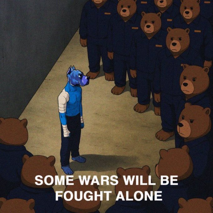 An illustration of a blue anthropomorphic character with bandages standing alone facing a crowd of brown bears wearing dark blue uniforms, with text reading 'SOME WARS WILL BE FOUGHT ALONE'.