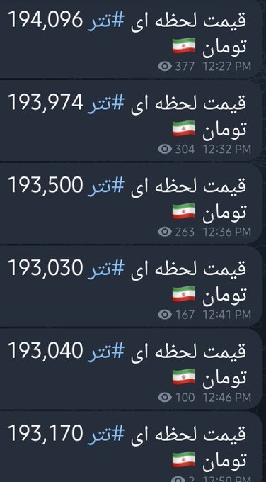 A Telegram channel showing price update messages in Persian for a coin (تومان/Toman), with values ranging from 193,030 to 194,096, each tagged with the Iranian flag emoji and view counts.