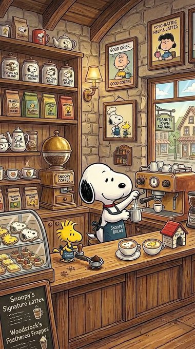 A whimsical illustration of Snoopy working as a barista in a coffee shop, with Woodstock beside him; signs read 'GOOD GRIEF GOOD COFFEE' and 'PEANUTS TOWN SQUARE', and a chalkboard lists 'Snoopy's Signature Lattes' and 'Woodstock's Feathered Frappes'.