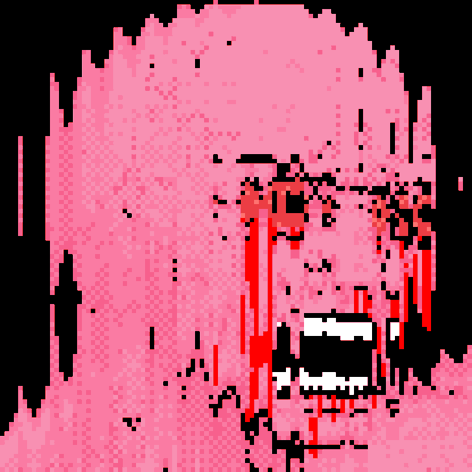 A pixel art rendition of a pink-haired face partially obscured by digital distortion, with red streaks dripping down.