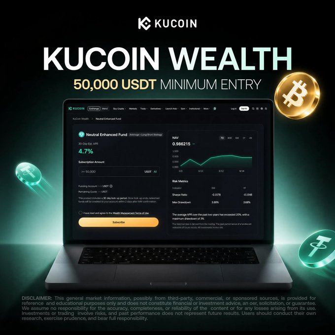 The image features an open laptop screen displaying a website for Kucin Wealth, which offers a 50,000 USDT minimum entry point into the Neutral Enhanced Fund. The fund's goal is to provide sophisticated risk management solutions and market-neutral strategies in digital assets. The website also provides information on how to invest in this fund, including details about the fund's objectives and its investment strategy.