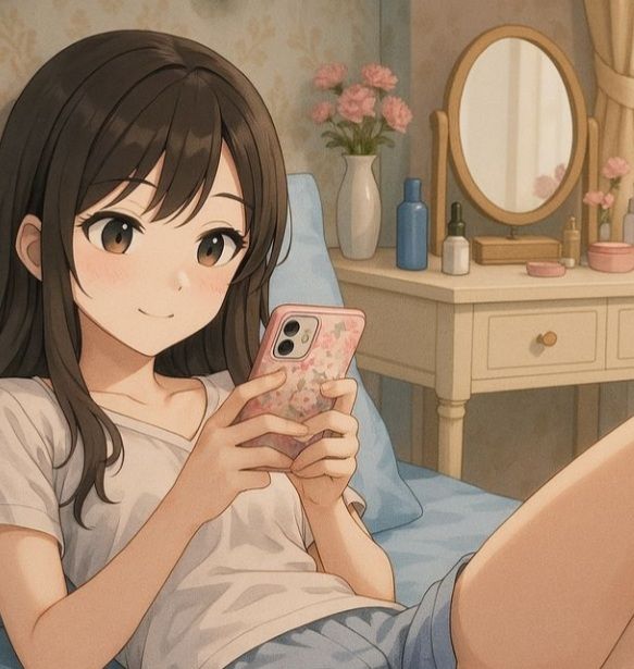 An anime-style illustration of a young woman relaxing in bed while looking at her smartphone, which features a pink floral case. The image serves as a lifestyle visual for a social media post discussing the $RIVER token and the River ecosystem's contribution rewards.