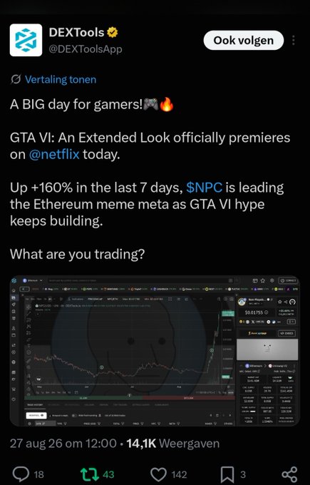 A screenshot of a DEXTools tweet celebrating GTA VI's Netflix premiere and highlighting $NPC's 160% surge as it leads the Ethereum meme meta. The image shows a DEXTools trading chart with a downward-trending price graph in the background.