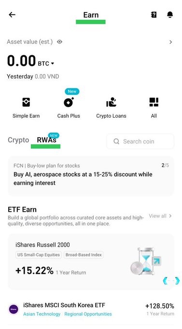 A screenshot of an 'Earn' crypto/finance dashboard showing an asset value of 0.00 BTC, with options for Simple Earn, Cash Plus, Crypto Loans, and promotions including RWAS, 'Buy AI, aerospace stocks', and an iShares Russell 2000 ETF showing +15.22% 1 Year Return.
