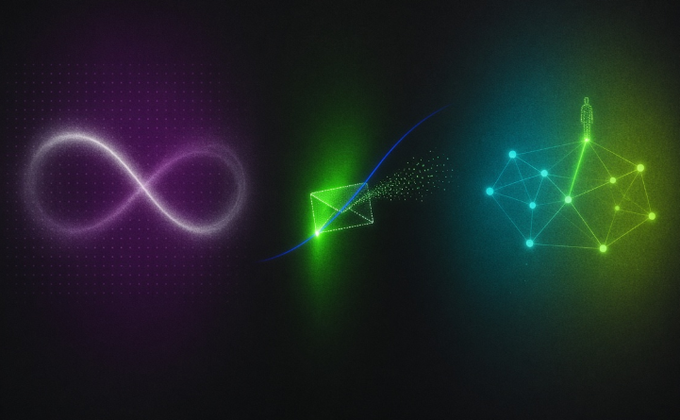 An abstract digital artwork featuring a glowing purple infinity symbol on the left connected by a blue line to two geometric green structures on the right, set against a dark background with scattered dots.