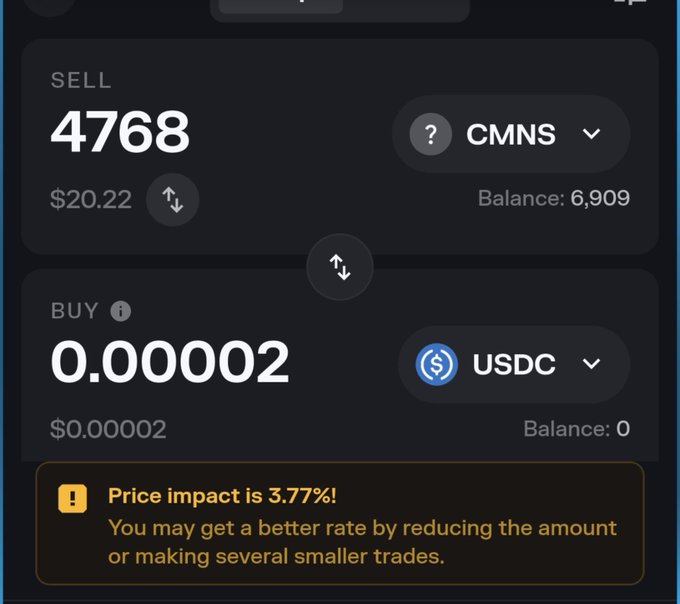 A crypto trading interface shows a sell order for 4768 CMNS tokens valued at $20.22, with a warning that the price impact is 3.77% and suggesting smaller trades for a better rate. The image illustrates the user's frustration of being unable to sell their CMNS tokens from Commons Made, highlighting concerns about potential honeypot-like behavior on the platform.