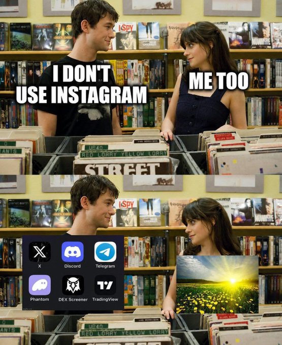 A two-panel meme using the 'I Don't Use Instagram' / 'Me Too' format, with the bottom panel replaced by images of crypto apps (X, Discord, Telegram, Phantom, DEX Screener, TradingView) and a field of flowers.